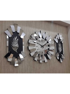 Şık 3'lü Gümüş Aynalı Duvar Saati, Piyano ve Palmiye Detaylı, Latin Rakamlu