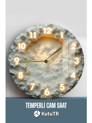 Renkli Bulut Desenli Temperli Cam Saat 33X33 Cm, Şık ve Zarif Tasarım