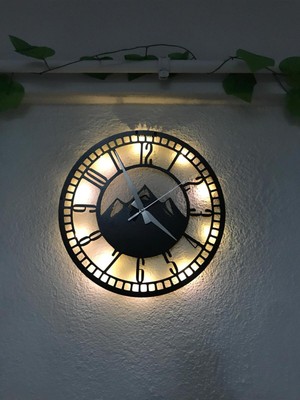 Dağ Temalı Ledli Sessiz Mekanizmalı Şık Duvar Saati, Siyah Renk