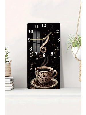 Çok Renkli 30X60 cm Uv Baskılı Temperli Cam Tablo Saat, Kahve ve Müzik Temalı
