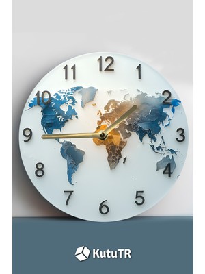 Şık Mdf Duvar Saati, 33X33 Cm, Dünya Haritası Tasarımı, Ev ve Ofis Dekoru