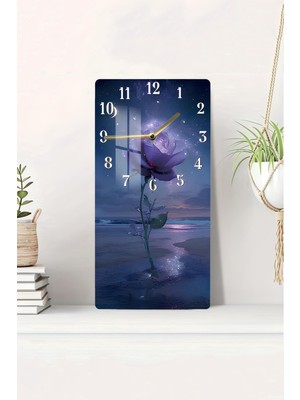 Mor Gül ve Gece Işıltısı Temalı Cam Duvar Saati 33X33 Cm, Hd Uv Baskı