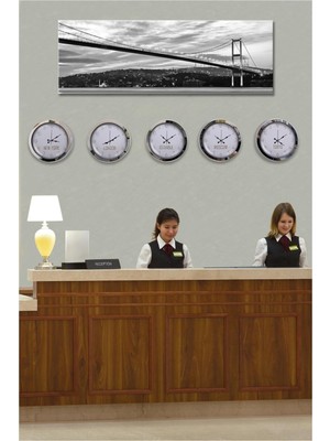 Şık 36 cm Krom Metal Resepsiyon Saati Seti, 5'li Otel Dekoru