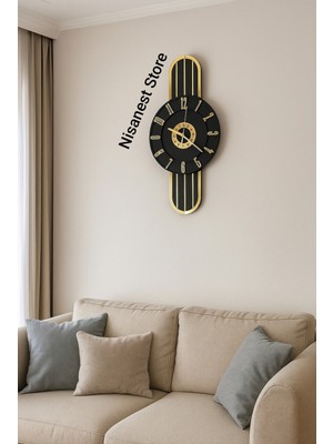 Şık Aynalı Gold Siyah Duvar Saati 50X25 Cm, Modern Tasarım, Ev ve Ofis Dekoru.