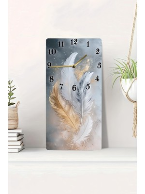 Altın ve Beyaz Tüy Desenli Uv Baskılı Mdf Tablo Saat 30X60 cm