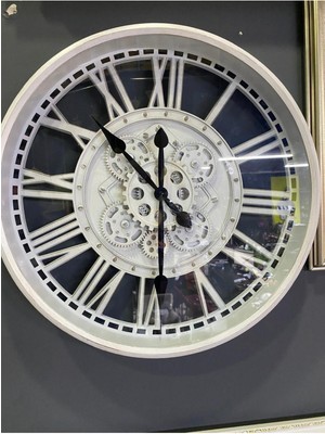 Beyaz Metal Görünümlü Çarklı Duvar Saati 50 Cm, Şık ve Modern Tasarım