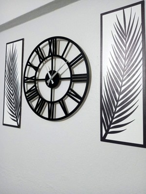 Siyah Beyaz 3 Parçalı Palmiye ve Saat Duvar Dekor Seti