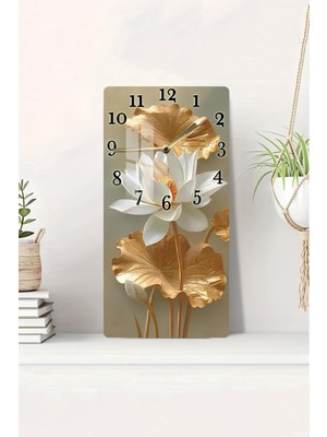 Renkli Cam Tablo Saat, Lotus Çiçeği, Altın Detay, 30×60 Cm, Uv Baskı