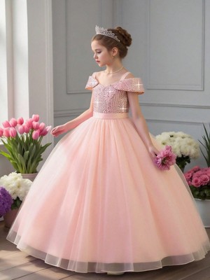 Kız Çocuk Payetli Abiye Elbise – Tül Prenses Model - Özel Gün Elbisesi