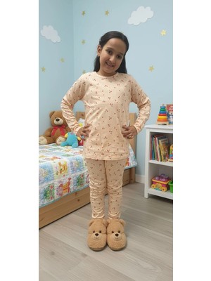 Yağmur Somon Kiraz Desenli %100 Pamuk Fitilli Kumaş Kız Çocuk Pijama Takımı 1-12 Yaş 1005