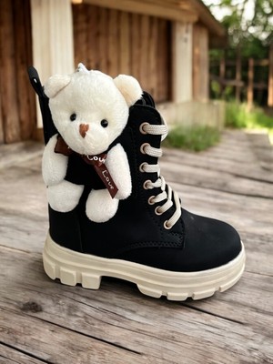 Ayıcıklı Soğuk Geçirmez Kaymaz Taban Kız Çocuk Bot, Fermuarlı Kız Çocuk Krem Bot, Bej Çocuk Bot