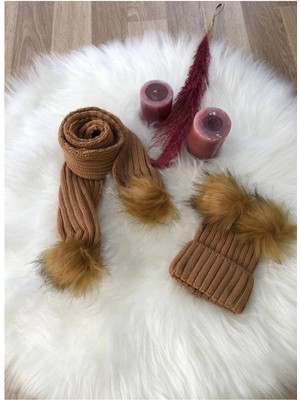 Kız Bebek Çift Ponponlu Atkı Bere Takımı 4/14 Yaş