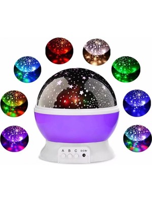 Mor Dönen Renkli Ay Yıldızlı Gökyüzü Yansıtmalı Projeksiyon Gece Lambası Çocuk Bebek Parti Odası