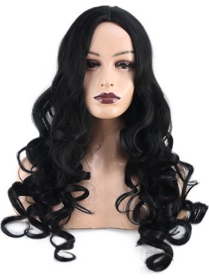 Dalgalı Perçemsiz Uzun Fiber Sentetik Peruk / Koyu Kestane