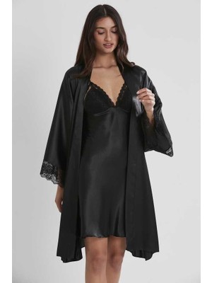 Pierre Cardin Siyah Sütyen Kaplı Sabahlık Gecelik Set 4250 Siyah