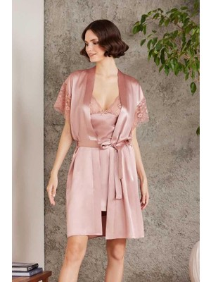 Pierre Cardin Saten Dantelli Gecelik Sabahlık Takım 4438 Brndy
