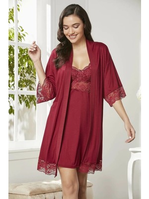 Pierre Cardin Penye Dantelli Gecelik Sabahlık Takım 4020 Bordo