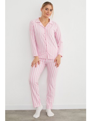 Pembe Çizgili Süet Pijama Takımı