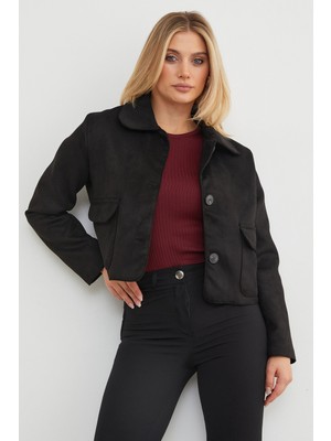 Çift Cepli Süet Polo Yaka Crop Ceket