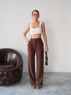 Kadın Valeria Beli Cırt Cırtlı Palazzo Pantolon, Krep Kumaş, 4 Mevsim