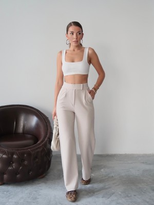 Kadın Valeria Beli Cırt Cırtlı Palazzo Pantolon, Krep Kumaş, 4 Mevsim