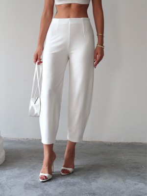 Kadın Bernis Beyaz Balon Pantolon, Beli Lastikli Şalvar Model Krep Balon Pantolon Basen Gizleyen