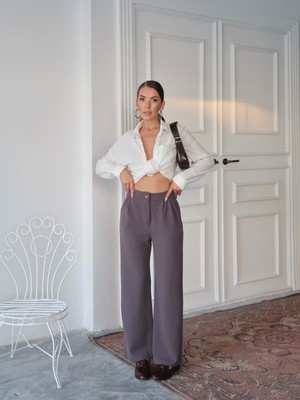 Kadın Loretta Beli Pileli Palazzo Pantolon, Krep Kumaş, 4 Mevsim