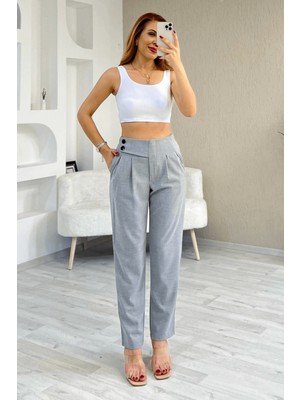 Kadın Cleo Yüksek Bel Arkası Lastikli Yandan Çift Düğmeli Kumaş Pantolon