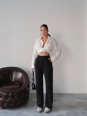 Kadın Valeria Beli Cırt Cırtlı Palazzo Pantolon, Krep Kumaş, 4 Mevsim