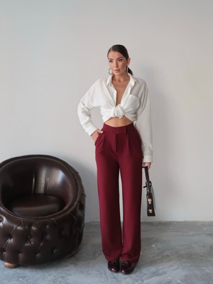 Kadın Valeria Beli Cırt Cırtlı Palazzo Pantolon, Krep Kumaş, 4 Mevsim