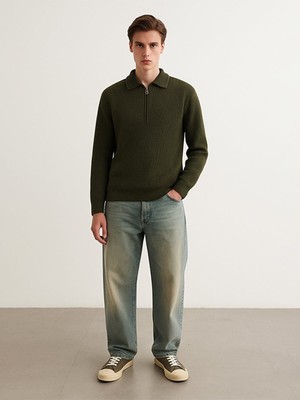 Polo Yaka Yarım Fermuarlı Triko Yeşil Kazak