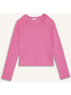 DeFacto Kız Çocuk Slim Fit Dar Kesim Taşlı Yaka Fitilli Kaşkorse Uzun Kollu Tişört G2550A825AU