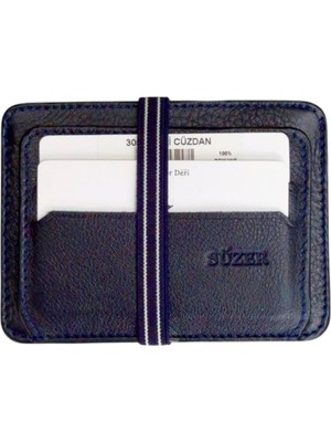 Lacivert Hakiki Deri Lastikli Ikiye Katlanır Düz Model Mini Kredi Kartlık - 3051-LACIVERT