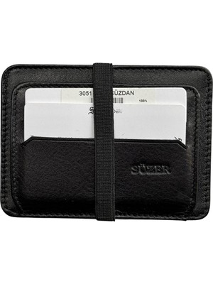 Siyah Hakiki Deri Lastikli Ikiye Katlanır Düz Model Mini Kredi Kartlık - 3051-SIYAH