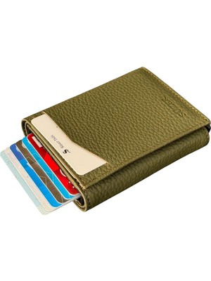 Haki Otomatik Mekanizmalı Üçe Katlamalı Hakiki Deri Kredi Kartlık - 3007-HAKI