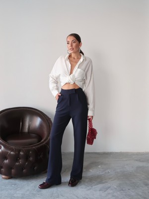 Kadın Valeria Beli Cırt Cırtlı Palazzo Pantolon, Krep Kumaş, 4 Mevsim