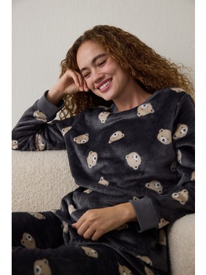 Penti Koyu Gri Ayı Desenli Uzun Kollu Pijama Takımı
