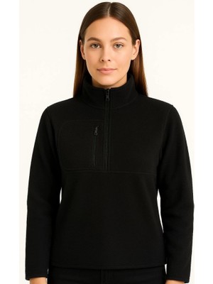 Polar Kazak – Dik Yaka, Yarım Fermuarlı, Fermuarlı Göğüs Cepli, Siyah Biyeli, Kışlık Rahat Regular Fit Günlük Model - Siyah