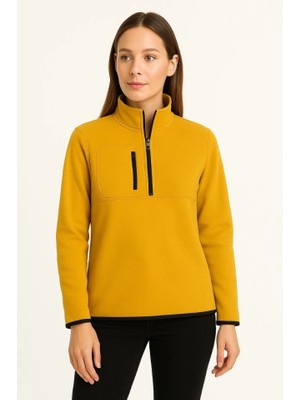 Polar Kazak – Dik Yaka, Yarım Fermuarlı, Fermuarlı Göğüs Cepli, Siyah Biyeli, Kışlık Rahat Regular Fit Günlük Model - Sarı