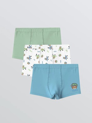 Renkli LC Waikiki Teddy Baskılı Erkek Çocuk Boxer 3'lü Normal Kalıp Dokuma Kumaş