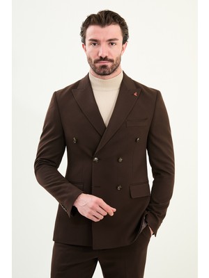 Düz Slim Fit Geniş Yaka Punto Dikiş Kruvaze Erkek Takım Elbise