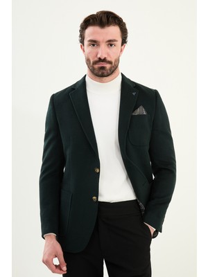 Düz Slim Fit Torba Cepli Mendil Detaylı Yün Erkek Ceket