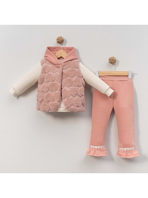 Kapüşonlu Kalp Detaylı Yelekli Alt Üst Takım - Gül Kurusu - 12 Ay Gül Kurusu