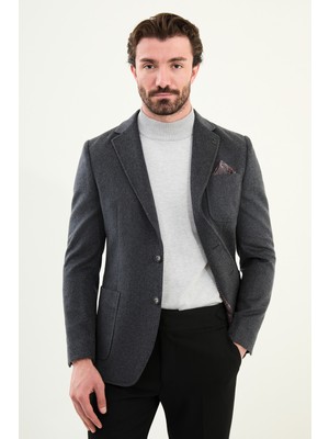Düz Slim Fit Torba Cepli Mendil Detaylı Yün Erkek Ceket
