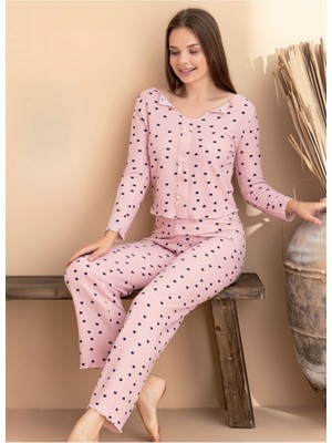 Kadın Kurdele Detaylı Kiraz Desenli U Yaka Likralı Pijama Takım