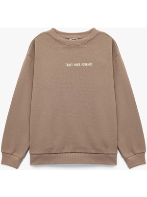 Pamuklu Uzun Kollu Bisiklet Yaka Baskılı Sweatshirt