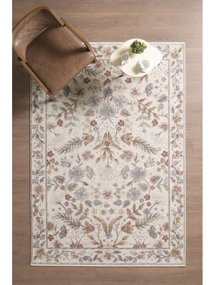 Frezia Floral Bambu Polyester Oturma Odası Salon Mutfak Halısı Eskitme Çiçekli Vintage Halı
