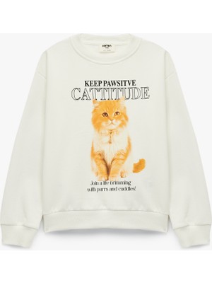 Pamuklu Uzun Kollu Bisiklet Yaka Kedi Baskılı Sweatshirt