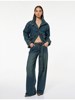 Pamuklu Normal Bel Kemerli Uzun Bol Paça Jean Pantolon - Loose Straight Fit Jean
