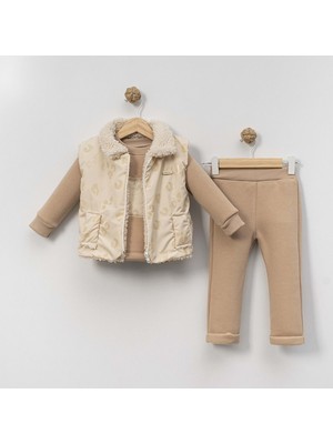 Baskılı Peluşlu Yelekli Alt Üst Takım - Bej - 9 Ay Bej